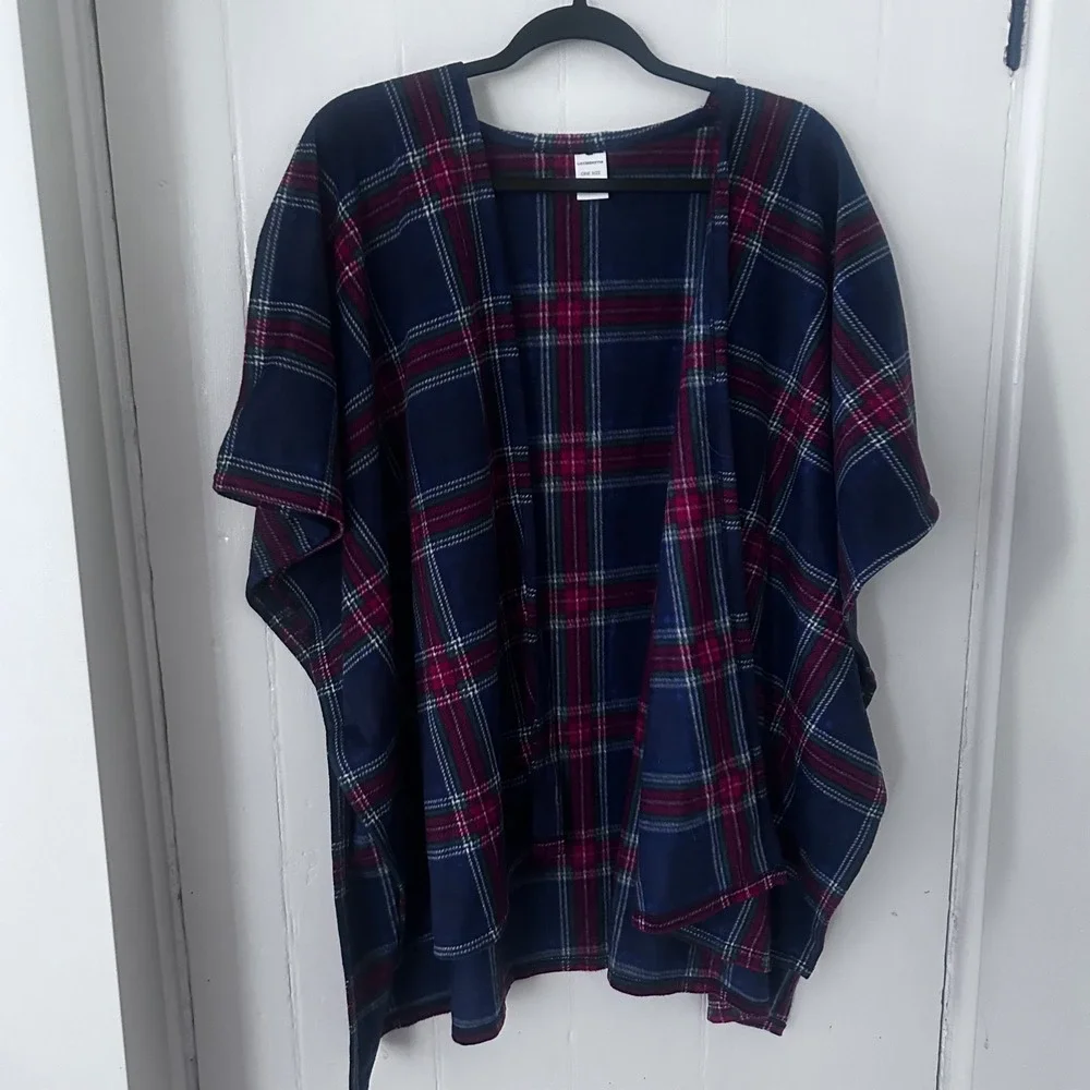 Liz Claiborne Plaid Poncho Navy Blue Burgundy Soft Fleece Open Front One Size